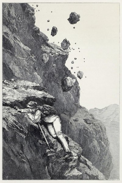 Een kanonnade op de Matterhorn, uit Scrambles amongst the Alps in de jaren 1860-69, uitgegeven 1871 (gravure) door James Mahoney