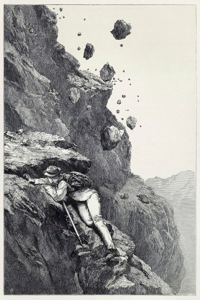 Een kanonnade op de Matterhorn, uit Scrambles amongst the Alps in the years 1860 - 69, uitgegeven 1871 door James Mahoney