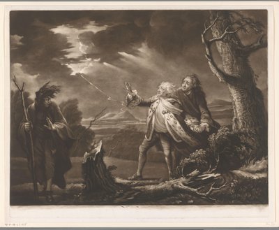 David Garrick als koning Lear met de graaf van Kent en Edgar vermomd als Tom in een stormachtig landschap door James McArdell