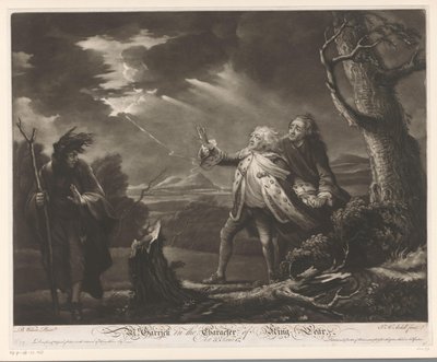 David Garrick als koning Lear met de graaf van Kent en Edgar vermomd als Tom in een stormachtig landschap door James McArdell