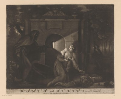 Julia knielt bij het lichaam van Romeo en kijkt naar een monnik met een lantaarn Romeo en Julia, Act V. Scene IV. (titel op object) door James McArdell