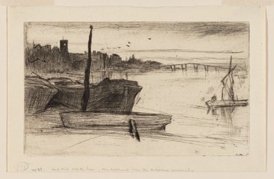 Chelsea Bridge en kerk door James Abbott McNeill Whistler