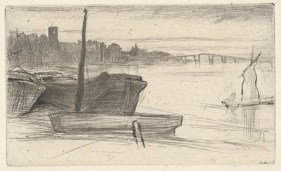 Chelsea Bridge en Kerk, uit de Thames Set (Een Serie van Zestien Etsen van Scènes aan de Theems en Andere Onderwerpen) door James Abbott McNeill Whistler