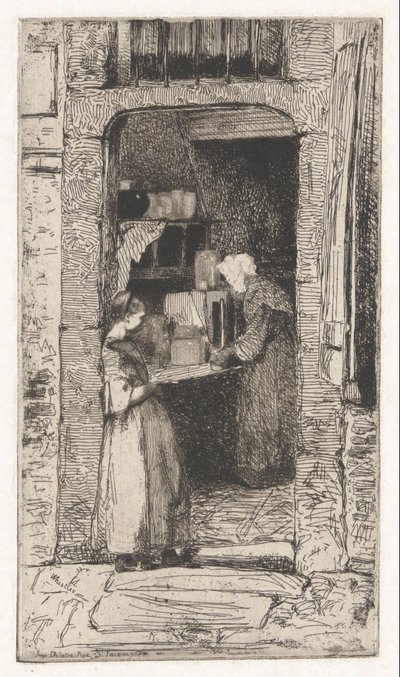 De Mosterdverkoper, uit de Franse Set (Douze Eaux-Fortes d) door James Abbott McNeill Whistler