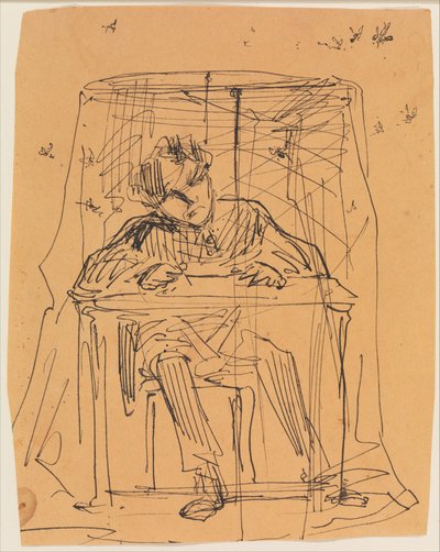 Mann am Tisch unter einem Moskitonetz (aus Skizzenbuch) door James McNeill Whistler