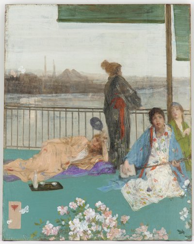 Variaties in vleeskleur en groen - Het balkon door James Abbott McNeill Whistler