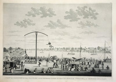 Uitzicht op de Oevers van de Ganges met voorstelling van de Churruck Poojah door James Moffat