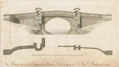 Weston-under-Lizard - Brug bij de ingang van Weston Park: gravure door James Paine