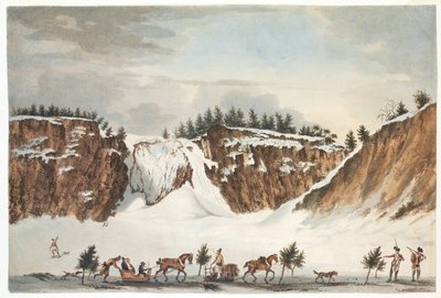 Een winterzicht op de watervallen van Montmorenci vanaf de weg op het ijs ervoor, genomen op 12 april 1781, gegraveerd door John Wells door James Peachey