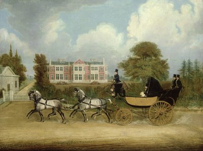 Een barouche getrokken door vier grijzen langs een Jacobijns herenhuis door James Pollard