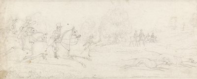 Coursing, een groep ruiters galopperend van links na een paar windhonden door James Pollard