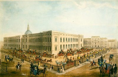 Noordoostelijk uitzicht op het oude hoofdkantoor van de post met de Royal Mail koetsen die zich voorbereiden om te vertrekken, c.1830 door James Pollard
