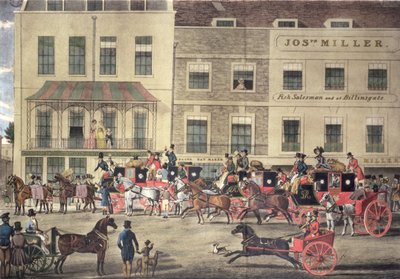 West Country Mails bij het Gloucester Coffee House, Piccadilly, gegraveerd door C. Rosenberg, 1828 door James Pollard