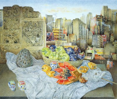 Stilleven met Papaja en Stadsgezicht, 2000 door James Reeve
