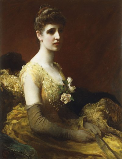 Portret van Lady Dixon van Rheda, driekwart lengte, zittend in een gele jurk met bloemen en een waaier door James Sant