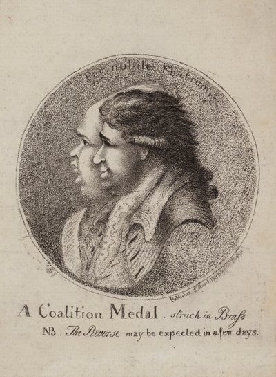 Een coalitiemedaille, geslagen in messing: satire op de coalitie van Britse politici Lord North en Charles James Fox, 1783 door James Sayers