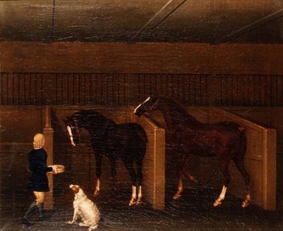 Een bruidegom, paarden en een hond in een stal door James Seymour