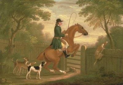Jager met zijn honden in een landschap door James Seymour