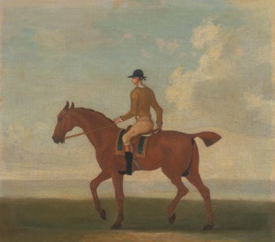 Een van vier portretten van paarden - een kastanjebruin renpaard met jockey: lopend naar links; jockey in buff-gele jas door James Seymour