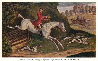 De jager neemt een vliegende sprong over een vijfstangshek, ca. 1740 door James Seymour