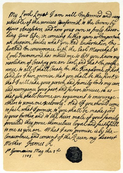 Brief van James Edward Stuart aan Simon Fraser, Lord Lovat, St Germains, 3 mei 1703 door James Stuart