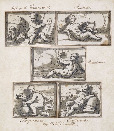Kunst en Handel; Gerechtigheid; Voorzichtigheid; Gematigdheid; en Moed door James Thornhill
