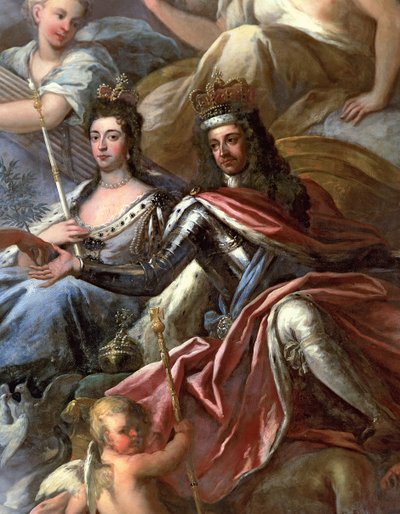 Plafond van de Geschilderde Hal, detail van Koning Willem III 1650-1702 en Koningin Maria II 1662-94 op de Troon, 1707-14 door James Thornhill