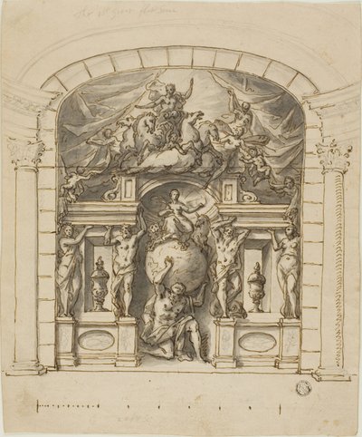 Ontwerp voor toneeldecor (Hampton Court) met mythologische figuren door James Thornhill