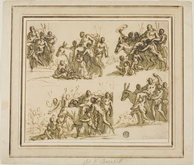 Vijf schetsen voor de triomf van Silenus door James Thornhill