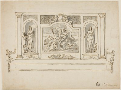 Neptunus en Amphitrite geflankeerd door Jupiter en Juno: ontwerp voor geschilderde hal- of tuinbank door James Thornhill