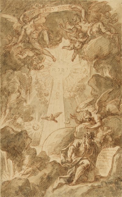 Voorbereidende tekening voor de gravure door C. du Bosc, voor de Kapelbijbel van het Royal Marine College. Werk (43x26.6 cm) door James Thornhill (1675-1734), begin 18e eeuw. door James Thornhill