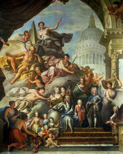 Achterwand Schilderij van de Bovenzaal die George I (1660-1727) en het Huis van Hannover Verheerlijkt, 1718-24 door James Thornhill