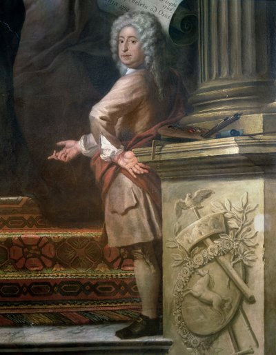 Achterwand schilderij van de Bovenzaal ter verheerlijking van George I 1660-1727 en het Huis van Hannover, detail van de kunstenaar, 1718-24 door James Thornhill
