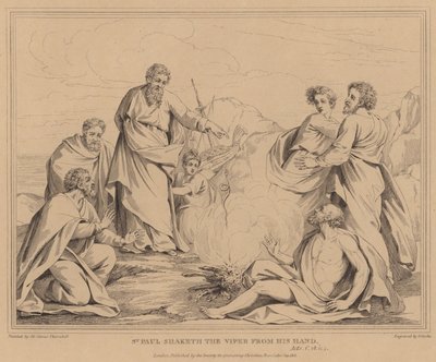 St. Paulus schudt de adder van zijn hand, Handelingen door James Thornhill