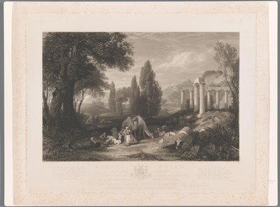 Landschap met dromedarissen, ruïnes en slapende mannen door James Tibbits Willmore