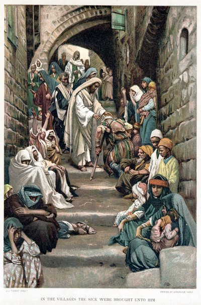 Christus geneest de zieken die naar hem worden gebracht in de dorpen door James Tissot