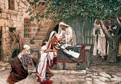 Christus wekt de dochter van Jairus, gouverneur van de synagoge, uit de dood door James Tissot