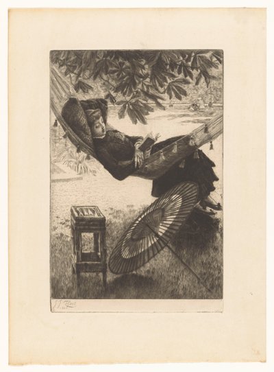 Jonge lezende vrouw in een hangmat door James Tissot