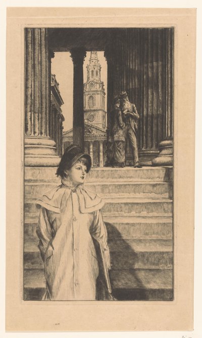 Jonge vrouw loopt de trappen van de National Gallery in London af door James Tissot