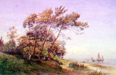 Een picknick aan de kust, Isle of Wight, met een jacht voor anker met de vlag van de Royal Yacht Squadron door James Waite
