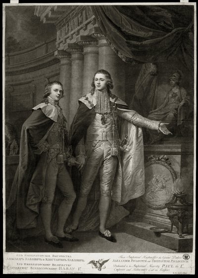 Portretten van de groothertogen van Rusland Alexander I Pavlovitch (1777-1825) en Constantin Pavlovitch (1779-1831) (1797) door James Walker