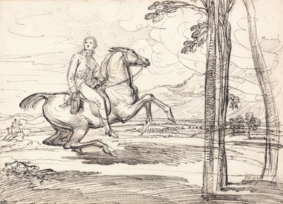 Een ruiter in een landschap: Waarschijnlijk een studie voor "Theophilus Levett Vossenjacht in Wychnor Park". door James Ward