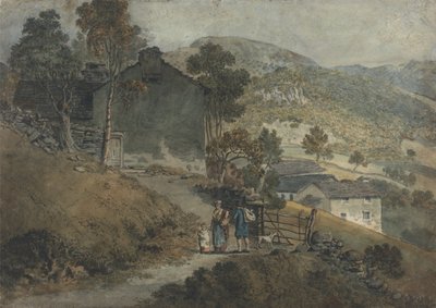 Landschap met huisjes en figuren door James Ward