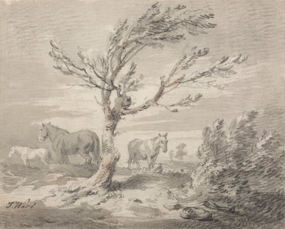 Landschap met Drie Paarden en een Boom op de Voorgrond door James Ward