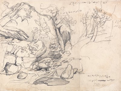 Studie van een berg met bomen door James Ward
