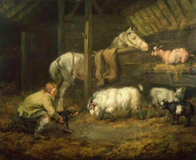 Jonge Jongen en zijn Hond in een Stal met een Paard en Schapen door James Ward