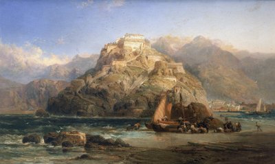 Uitzicht op San Sebastian (Spanje), in het midden, de berg Urgull en de gebouwen van het kasteel van Santa Cruz de la Mota. Olie op doek door James Webb (actief tussen 1853 en 1888) door James Webb