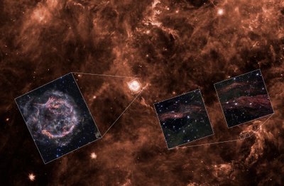 Cassiopeia A: licht weerkaatst (Spitzer-context) door James Webb Space Telescope (NASA)