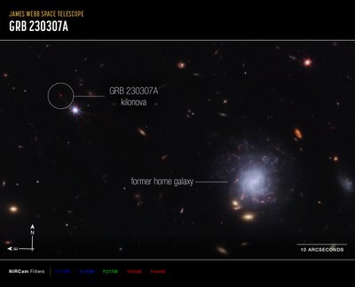 Kilonova en Gaststelsel Kompasbeeld door James Webb Space Telescope (NASA)