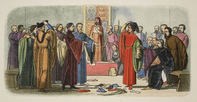 Albemarle en Fitzwalter wisselen uitdagingen uit, uit A Chronicle of England BC 55 to AD 1485, pub. London door James William Edmund Doyle